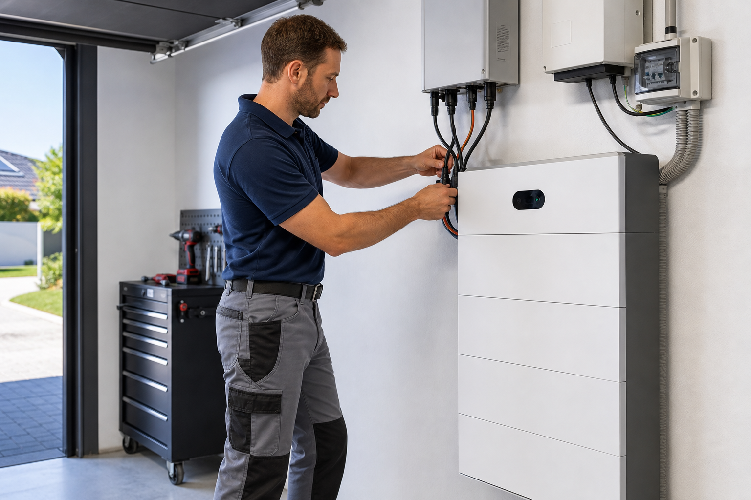 Monteur sluit een thuisbatterij aan in een technische ruimte