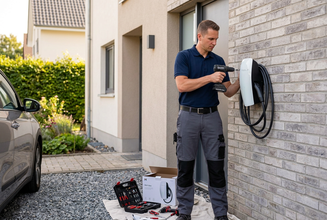 Monteur installeert een laadpaal aan de gevel van een woning