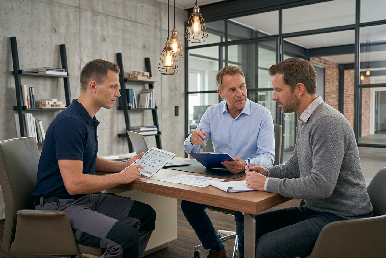 Elvion Group adviseurs in gesprek met een klant over een installatieplan