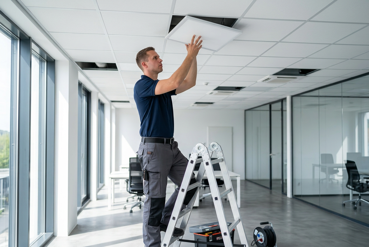 Monteur installeert LED paneelverlichting in een modern kantoorpand