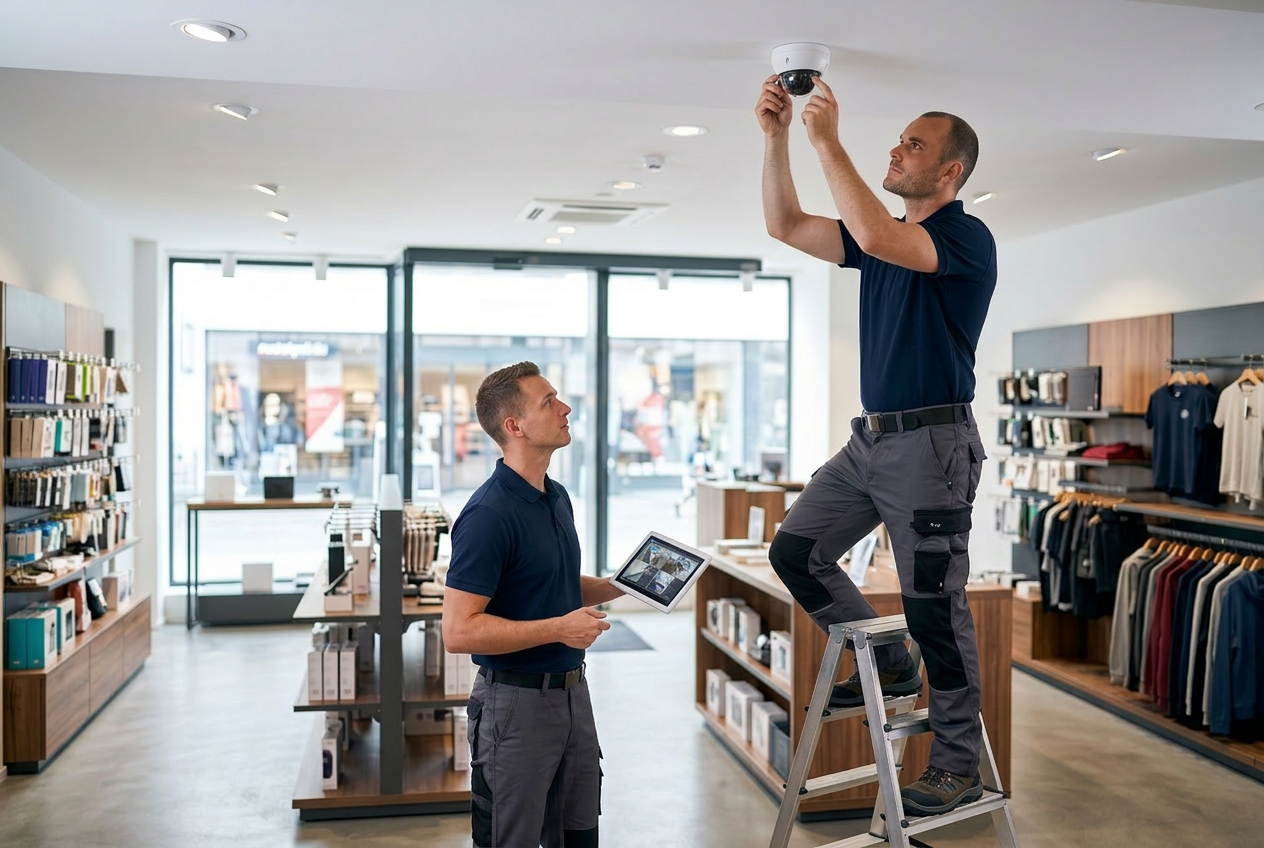 Elvion Group monteurs installeren een beveiligingscamera in een winkel